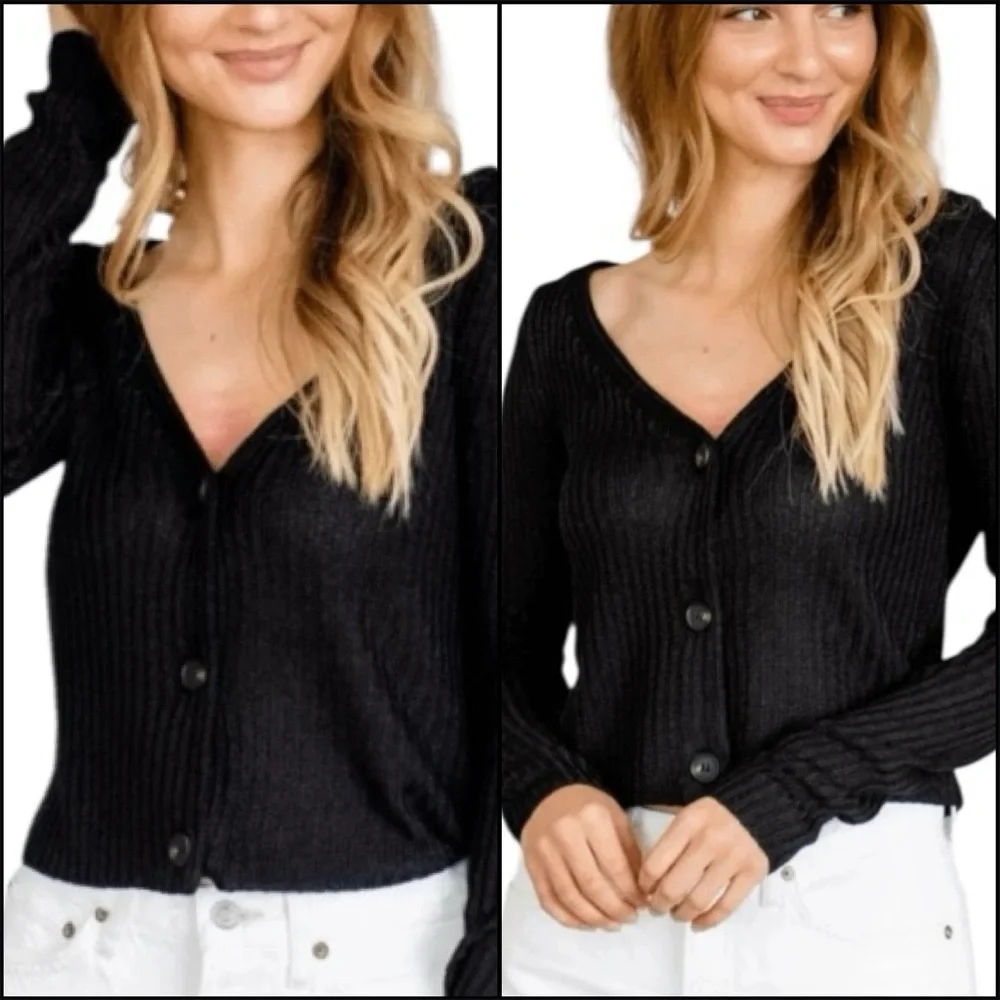 Free People‎ Game On Ribbed Cardigan Size XS Black Basic Staple Minimalist